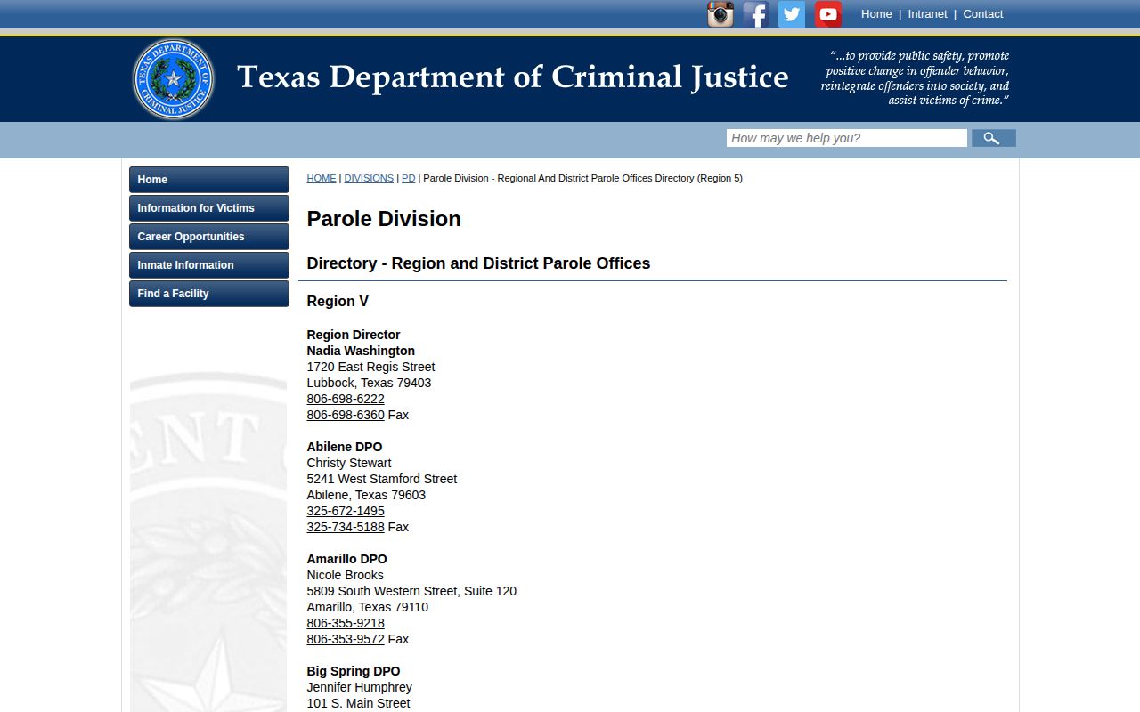 Cochran County parole release supervision Region V office directory