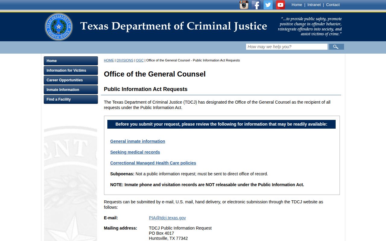 TDCJ public information request route for Cochran County released inmate photos
