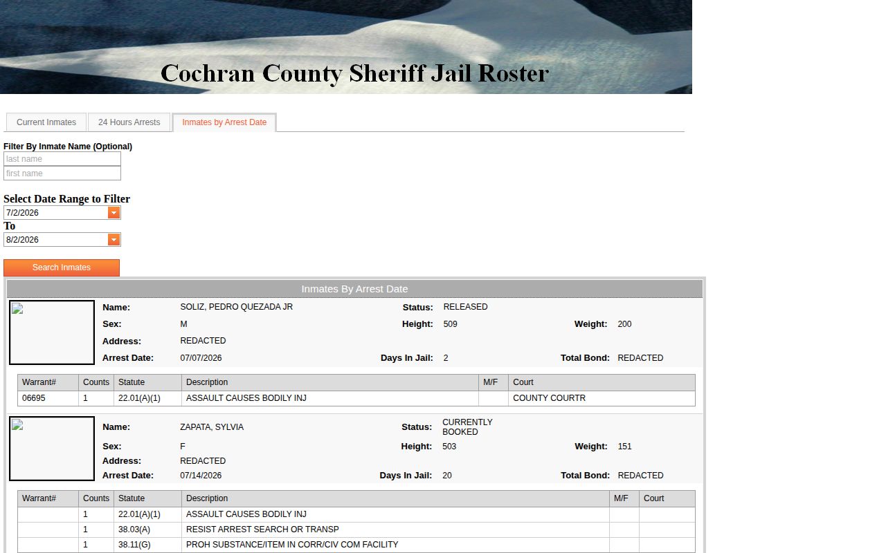 Cochran County released inmate arrest-date record search