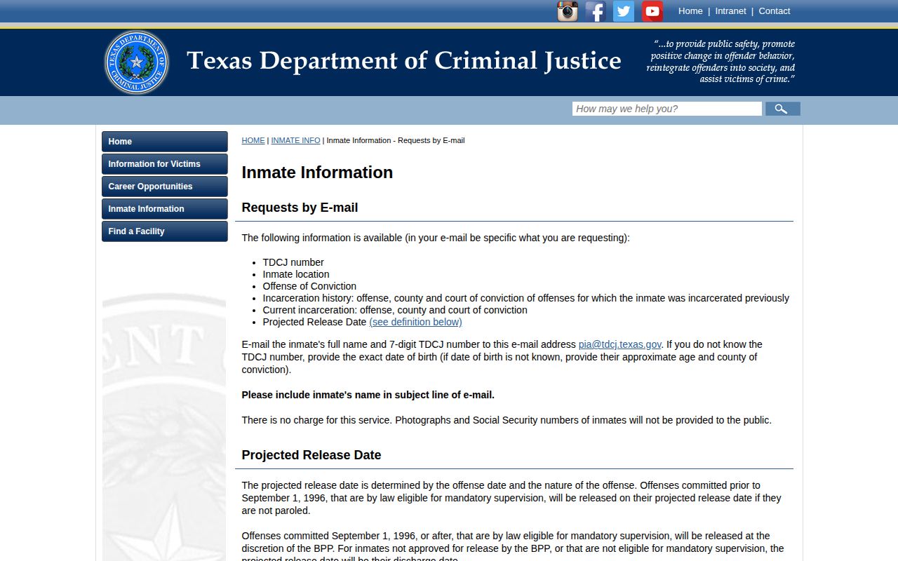 Cochran County projected release date TDCJ information fields